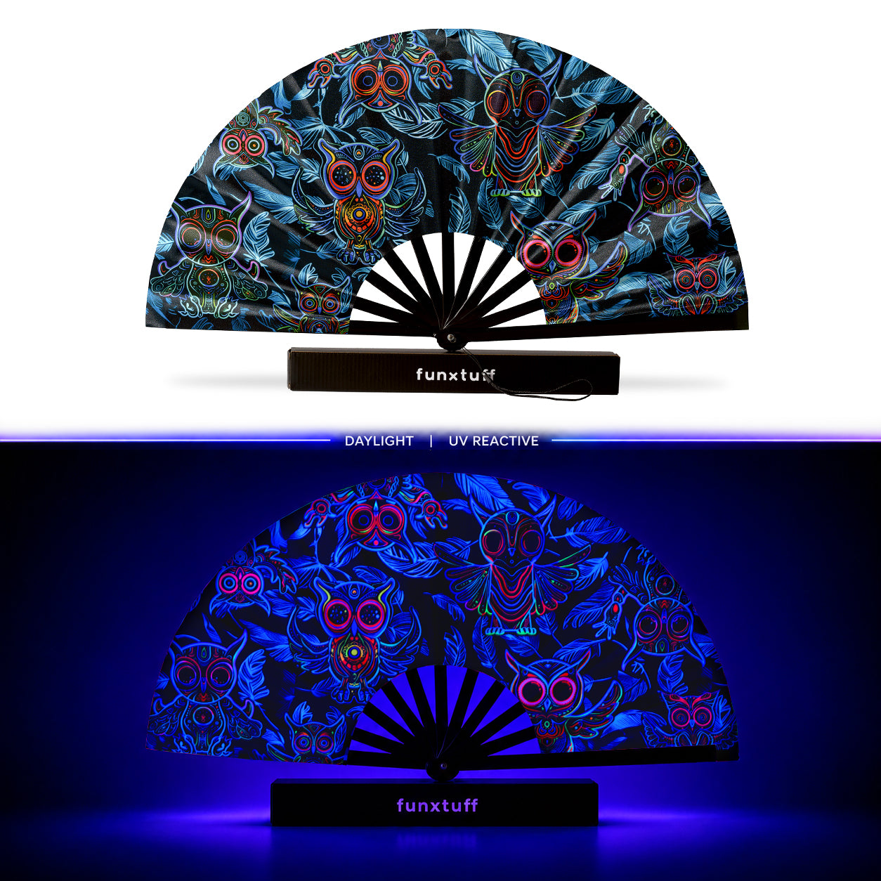UV Reactive Rave Fan with Wrist Strap