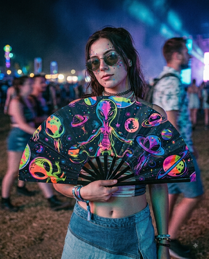 UV Reactive Rave Fan with Wrist Strap