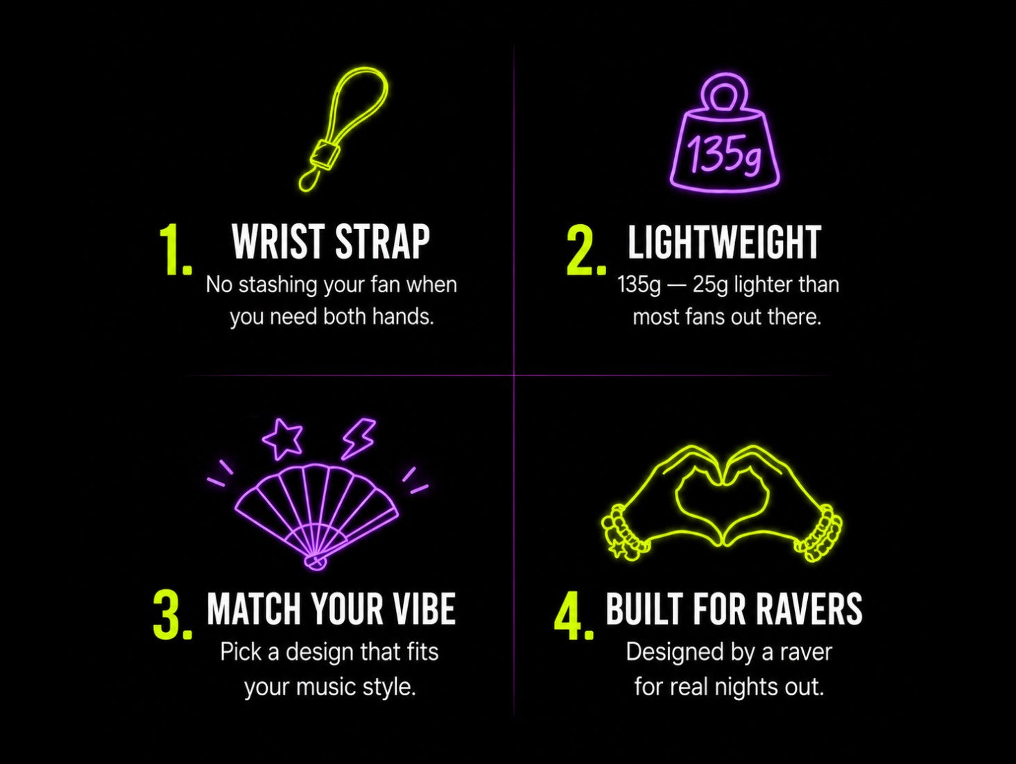 Funxtuff UV-reactive fan key features: wrist strap, lightweight design, custom prints, made for ravers