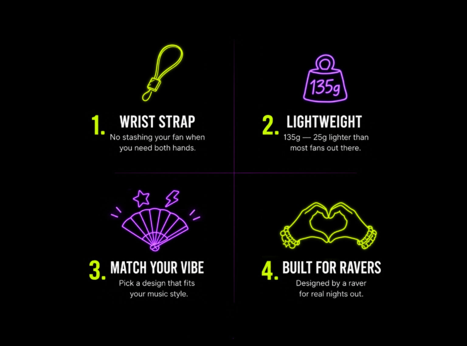 Funxtuff UV-reactive fan features: wrist strap, lightweight, custom designs, made for ravers