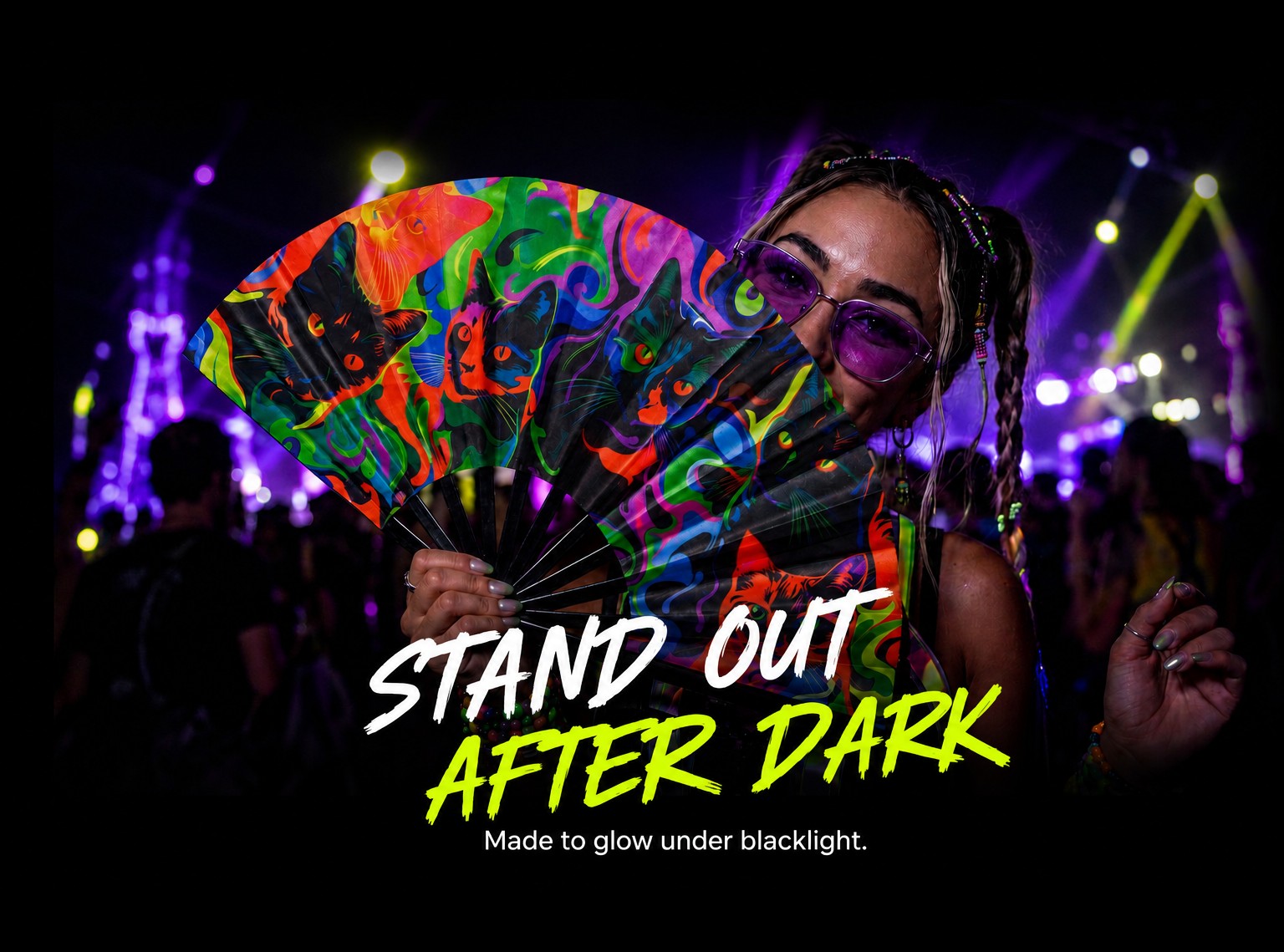 Funxtuff UV-reactive fan glowing under blacklight, made for ravers to stand out after dark