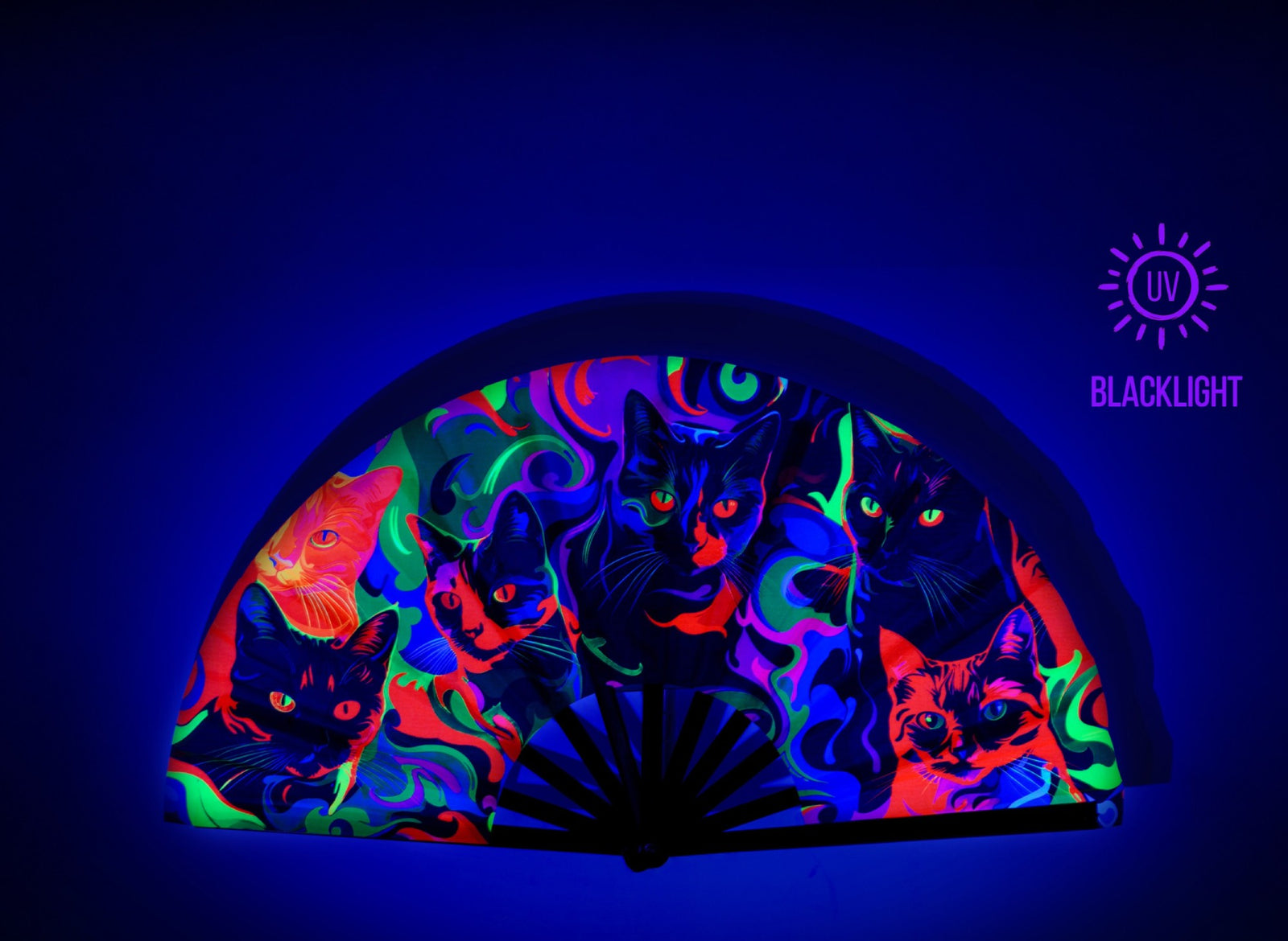 Funxtuff UV-reactive folding fan with neon black cat print, glowing under blacklight
