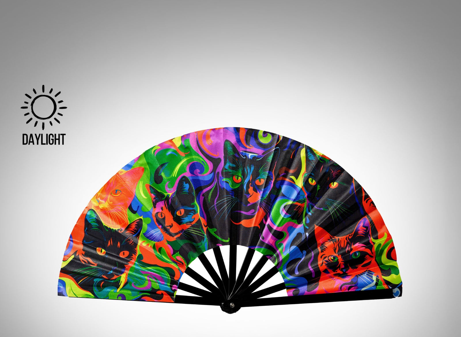 Funxtuff UV-reactive folding fan with neon black cat print, shown in daylight