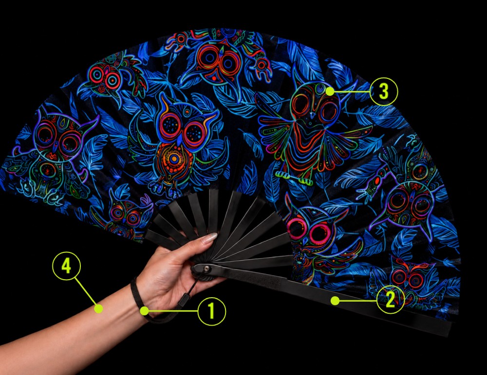 Funxtuff Mystic Owl UV-reactive folding fan showing wrist strap, ribs, and print details