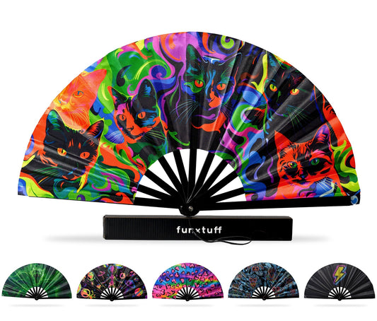 UV reactive folding rave fan with wrist strap for festivals