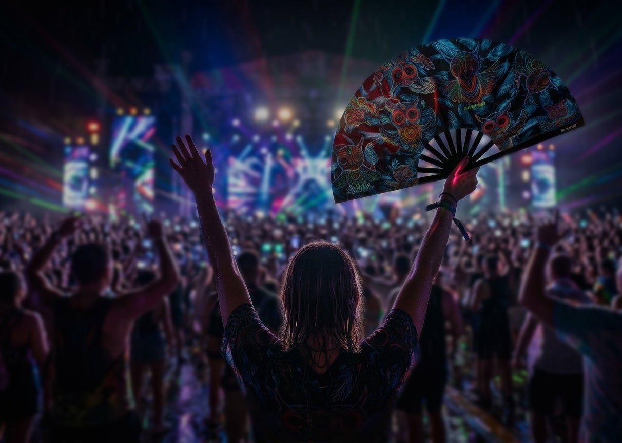 colorful clack rave fan glowing under UV lights